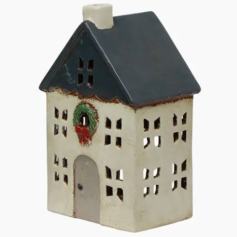Ceramic Tealight House Blue with Wreath Small
