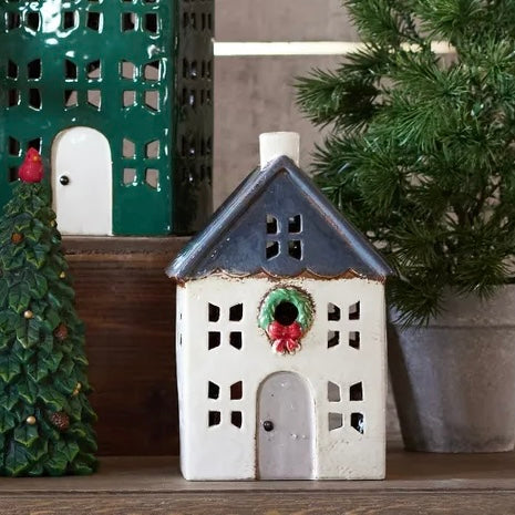 Ceramic Tealight House Blue with Wreath Small