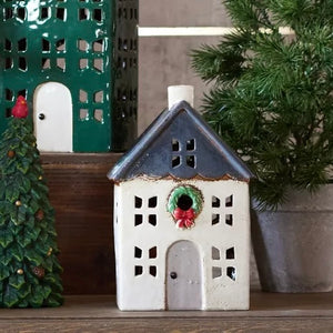 Ceramic Tealight House Blue with Wreath Small