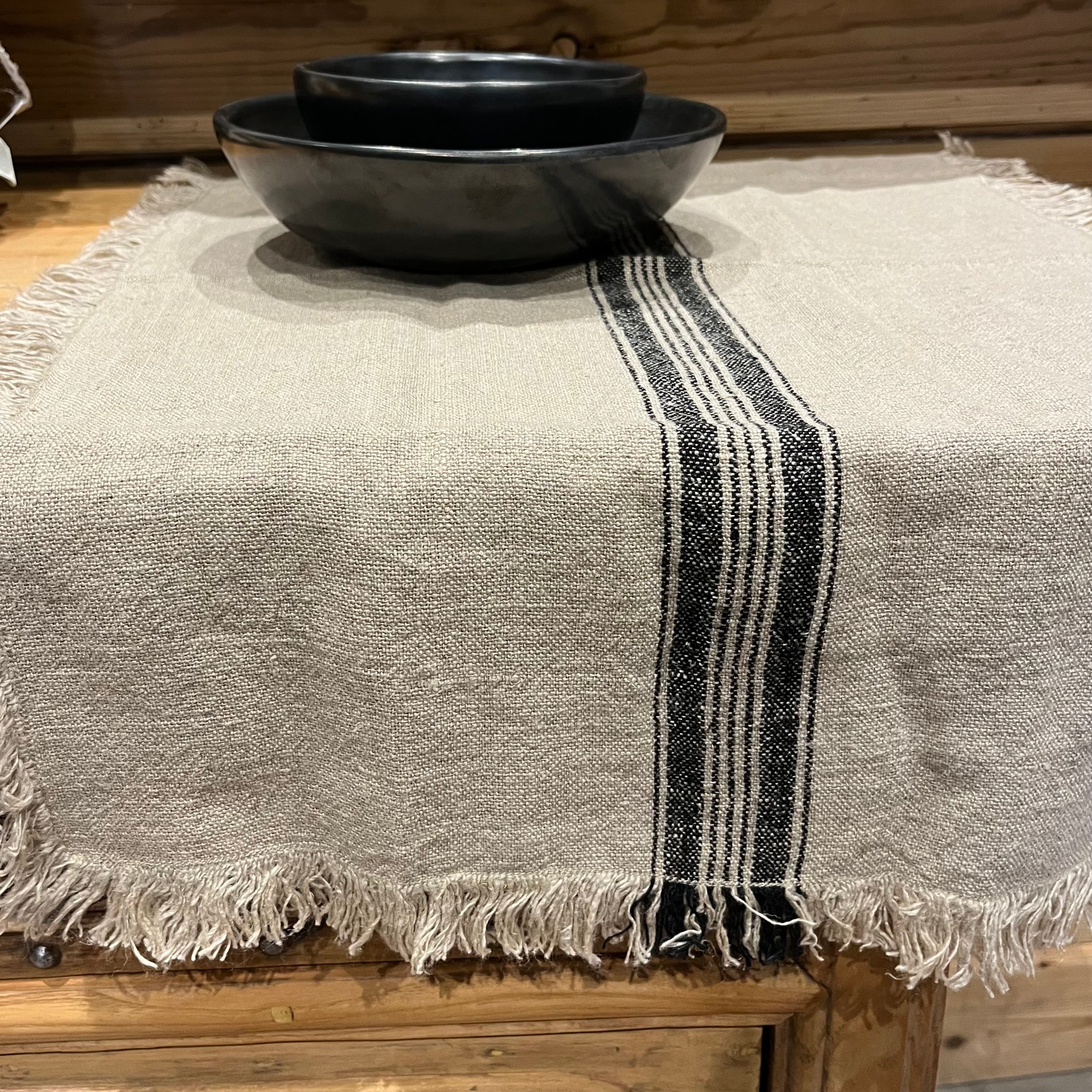 Rustic Linen Charcoal Stripe Table Runner