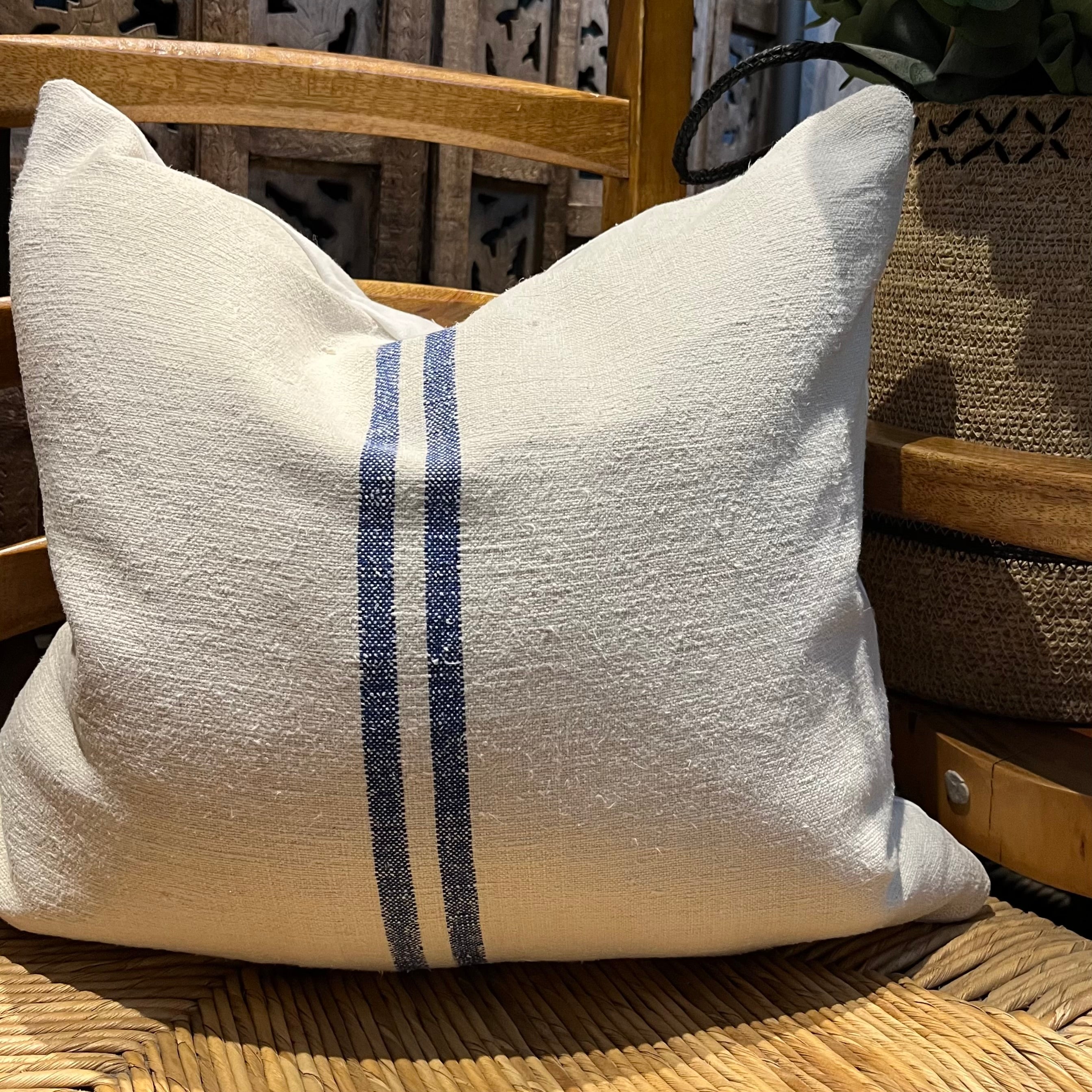 Grainsack Linen Cushion Double Blue Line