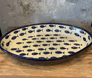 Spanish Oval Tray Blue Fish on White