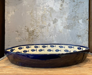 Spanish Oval Tray Blue Fish on White