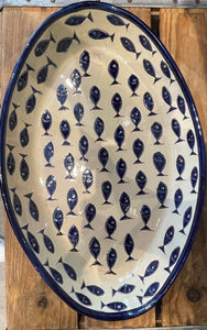 Spanish Oval Tray Blue Fish on White