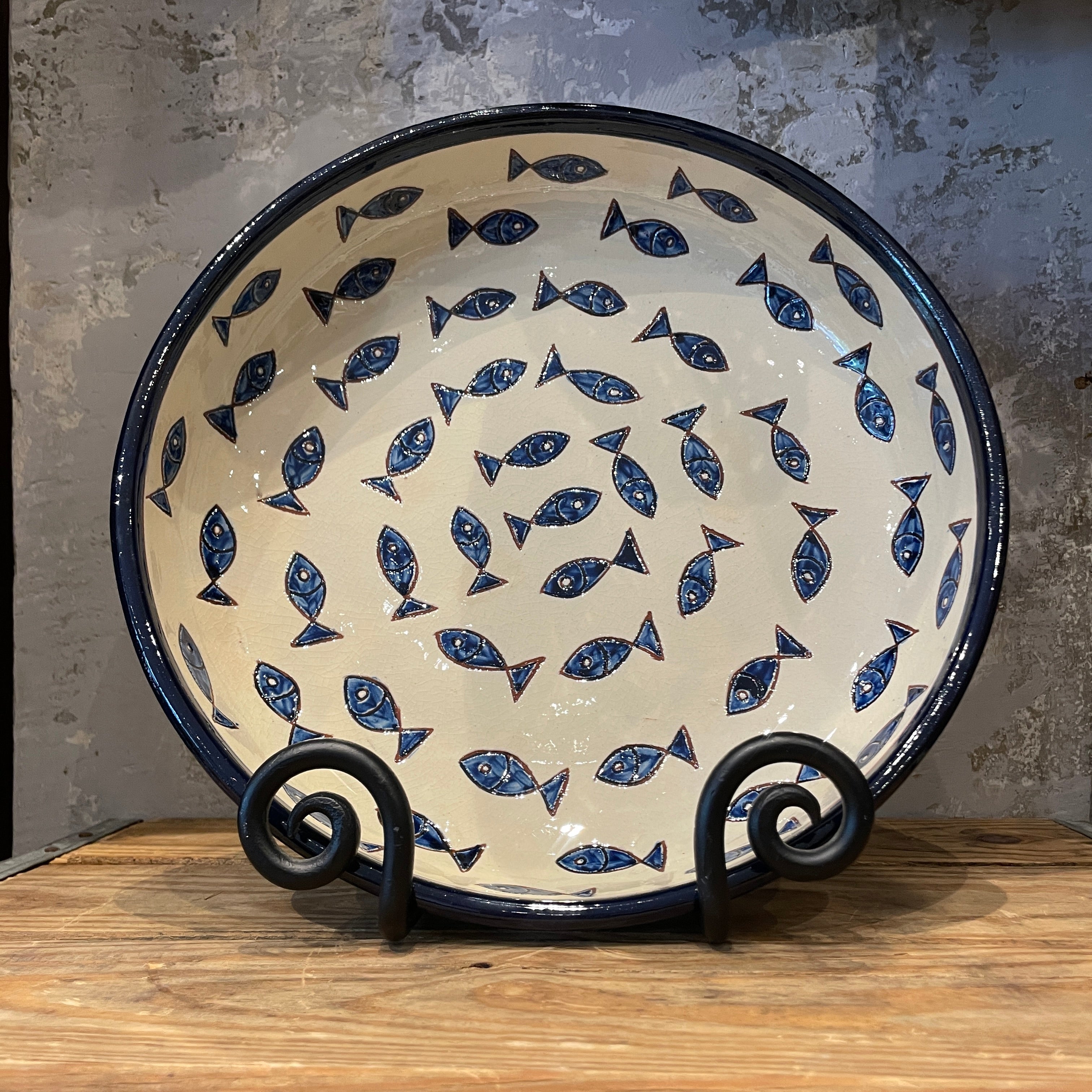 Spanish  Salad Bowl Blue Fish on White 27cm