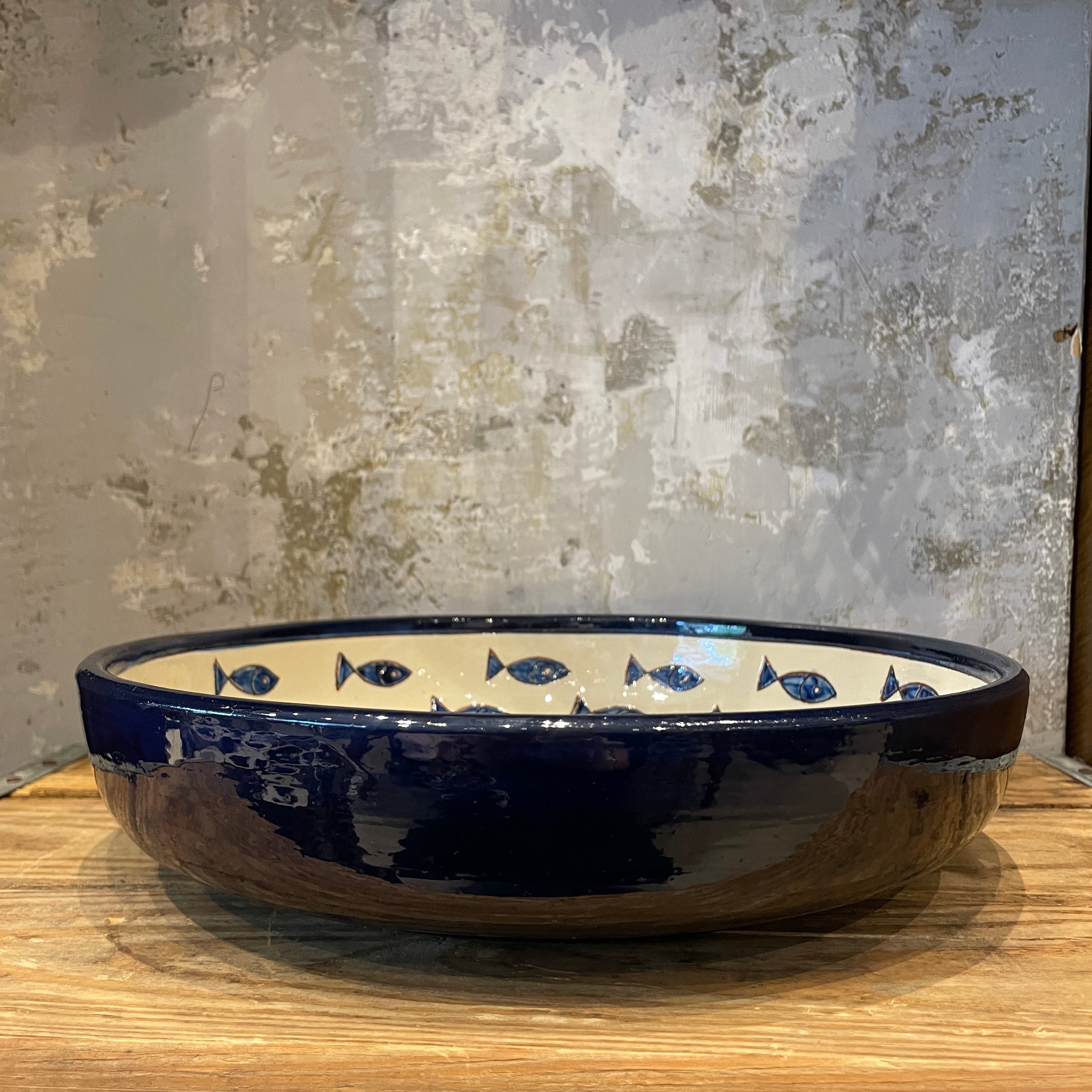 Spanish  Salad Bowl Blue Fish on White 27cm