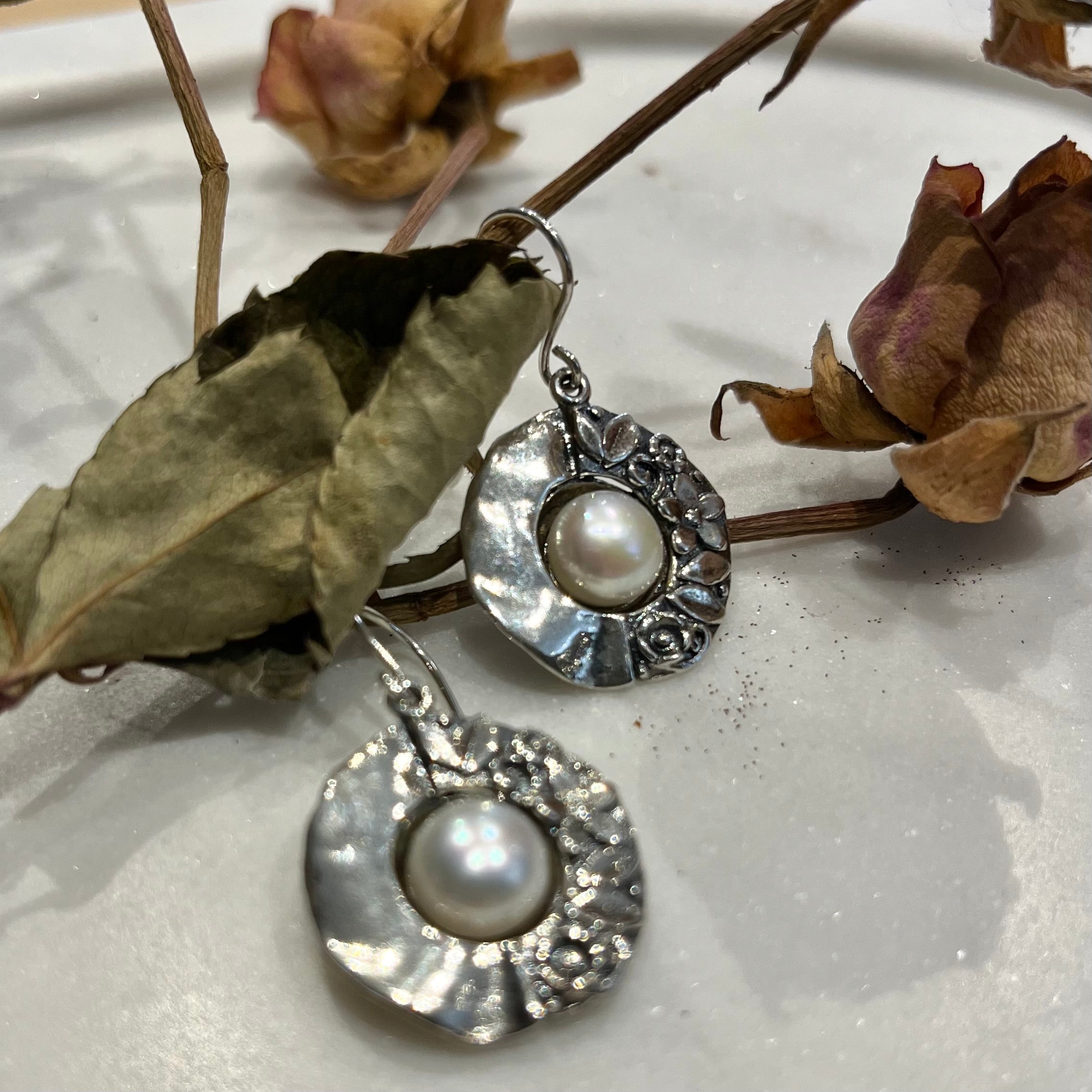 Oxidised Flower Pearl Earrings