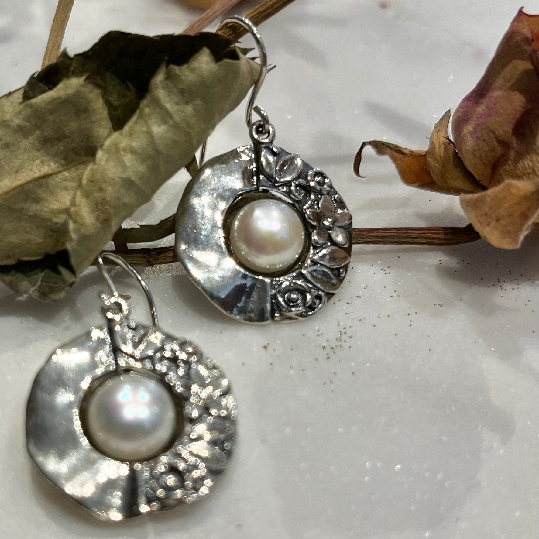 Oxidised Flower Pearl Earrings