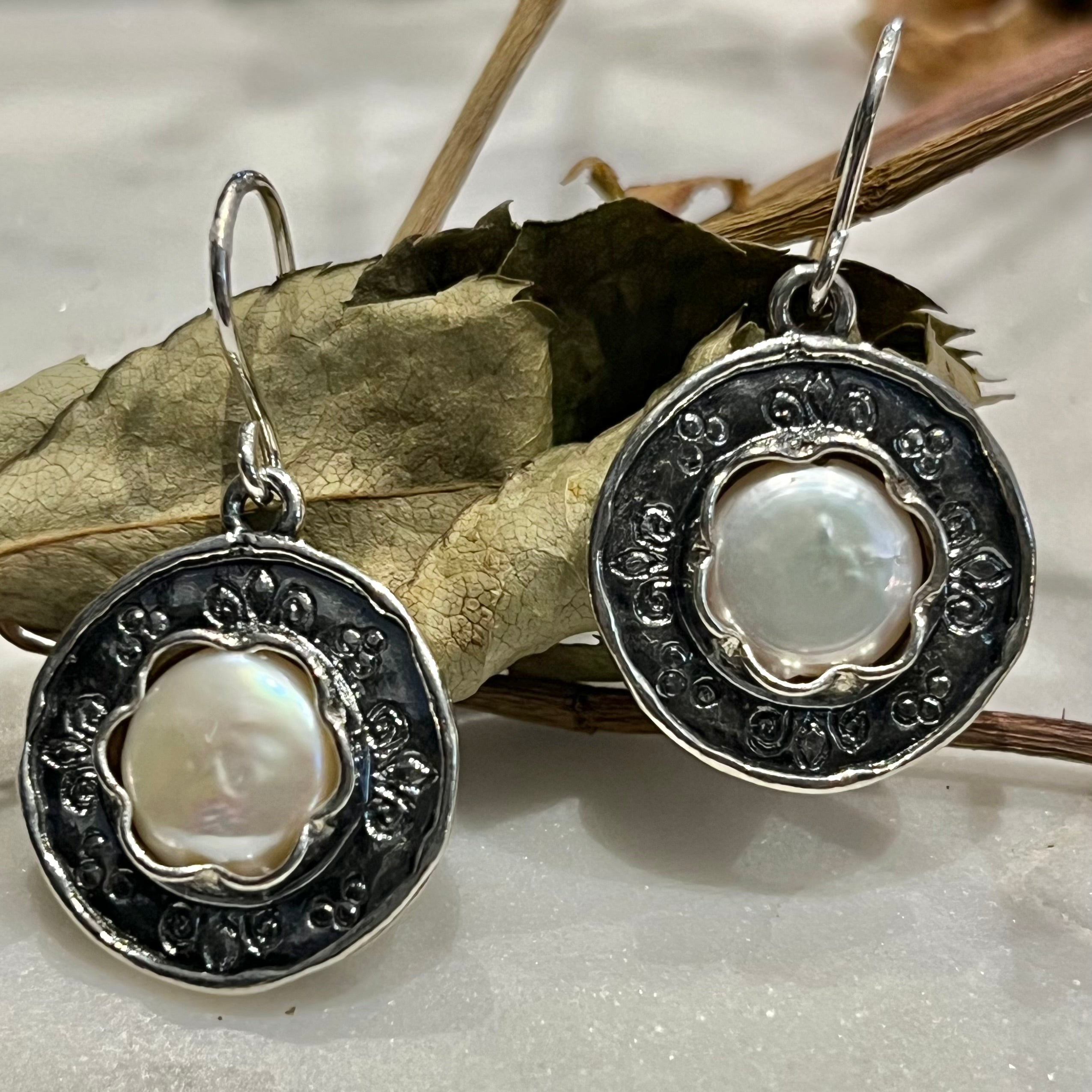 Oxidised Dark Rim Pearl Earrings