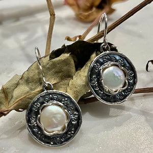 Oxidised Dark Rim Pearl Earrings