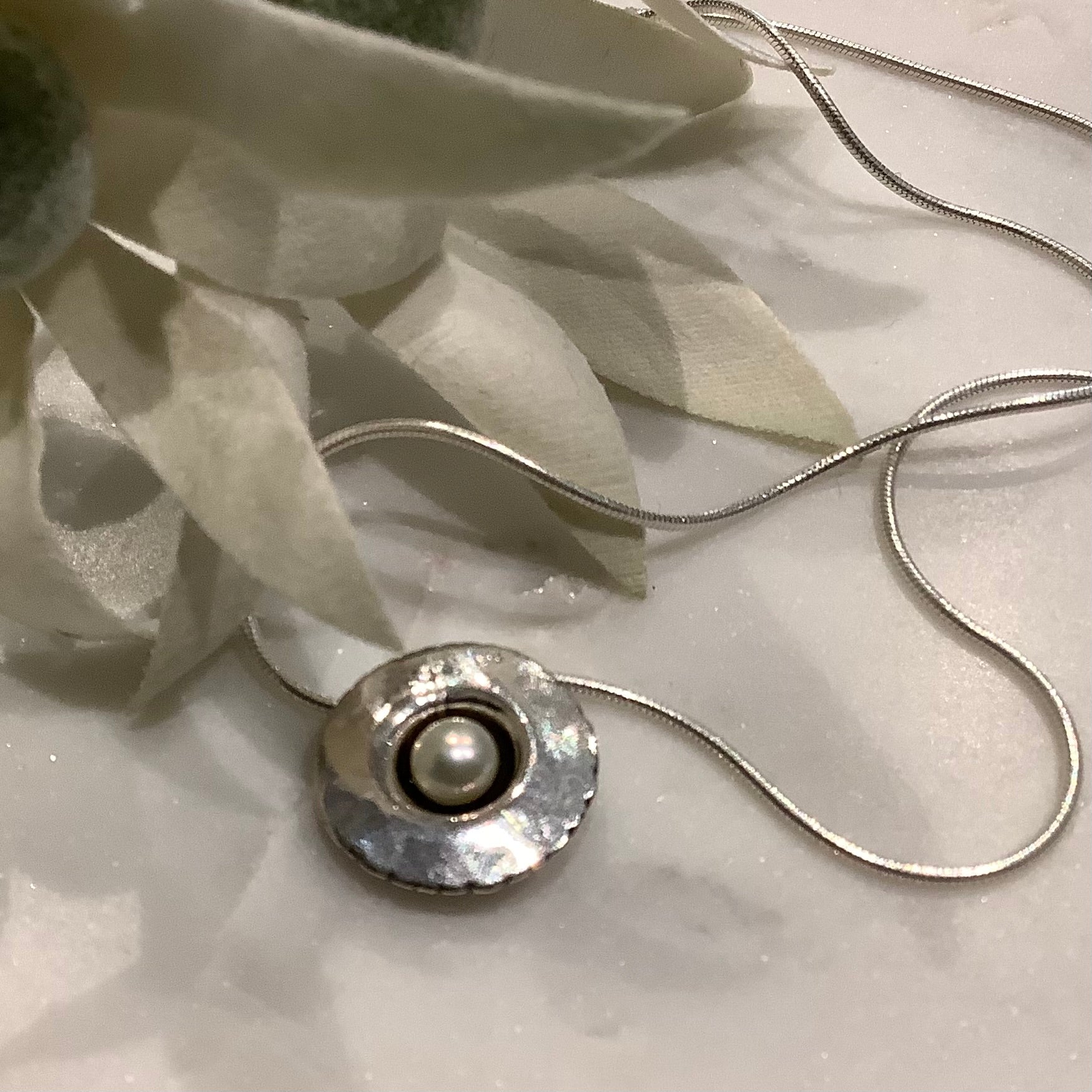 Oxidised Silver Disk Necklace-Pearl Centre