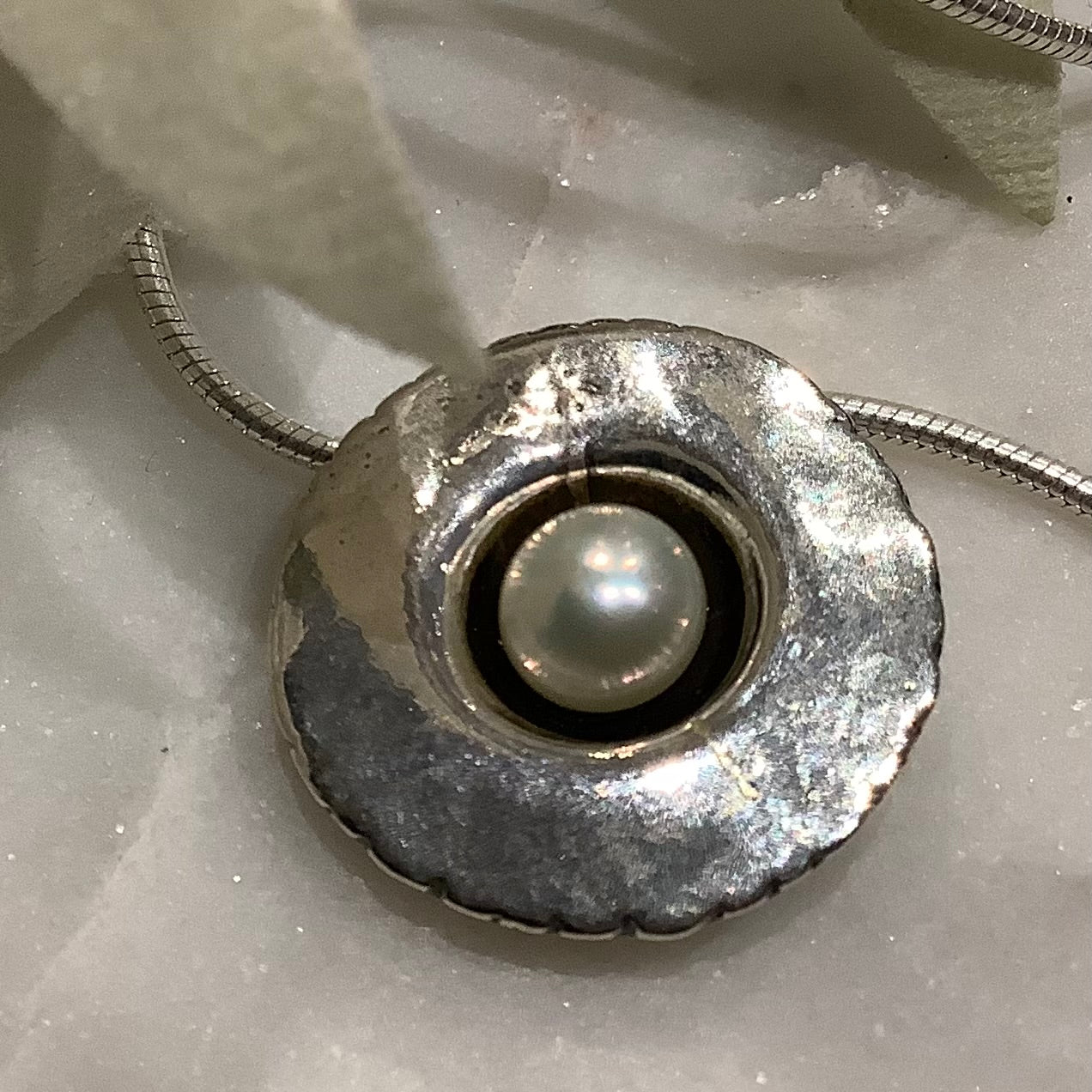 Oxidised Silver Disk Necklace-Pearl Centre