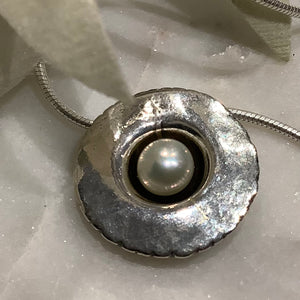 Oxidised Silver Disk Necklace-Pearl Centre