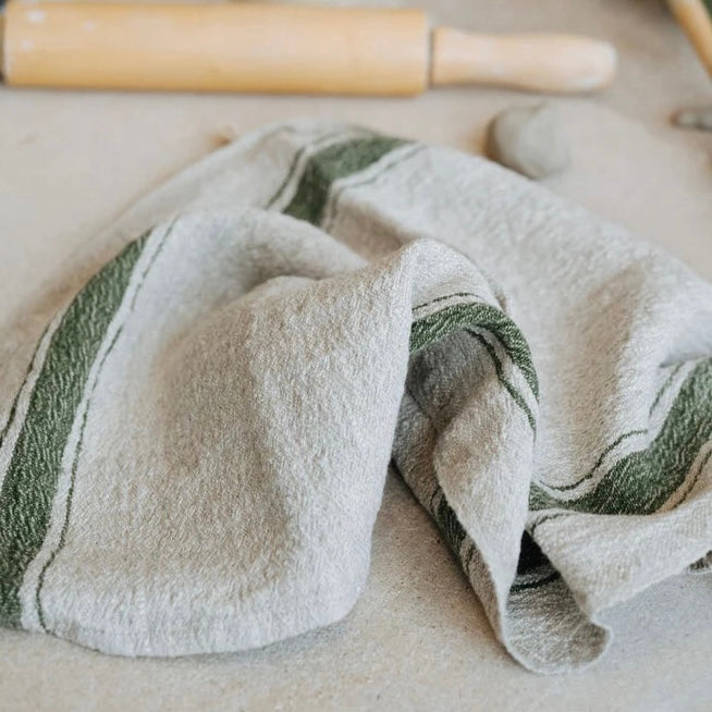 Linen Tea Towel- Vintage Green Stripe